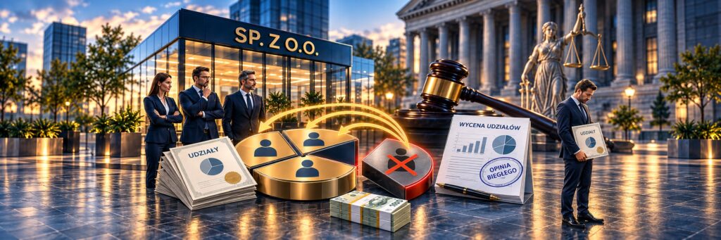 Wycena udziałów przy wyłączeniu wspólnika – wspólnicy spółki z o.o., młotek sędziowski i opinia biegłego z wyceną udziałów